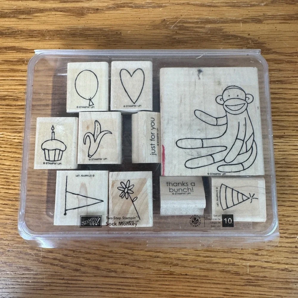Stampin Up Sock Monkey Two-Step Wood Mount Rubber Stamp Set of 10 Birthday Theme